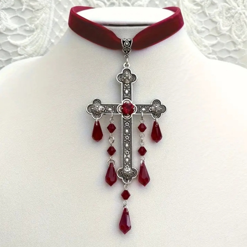 🆕️ Artisan Elegant Silver and Red Cross Pendant Necklace NWOT